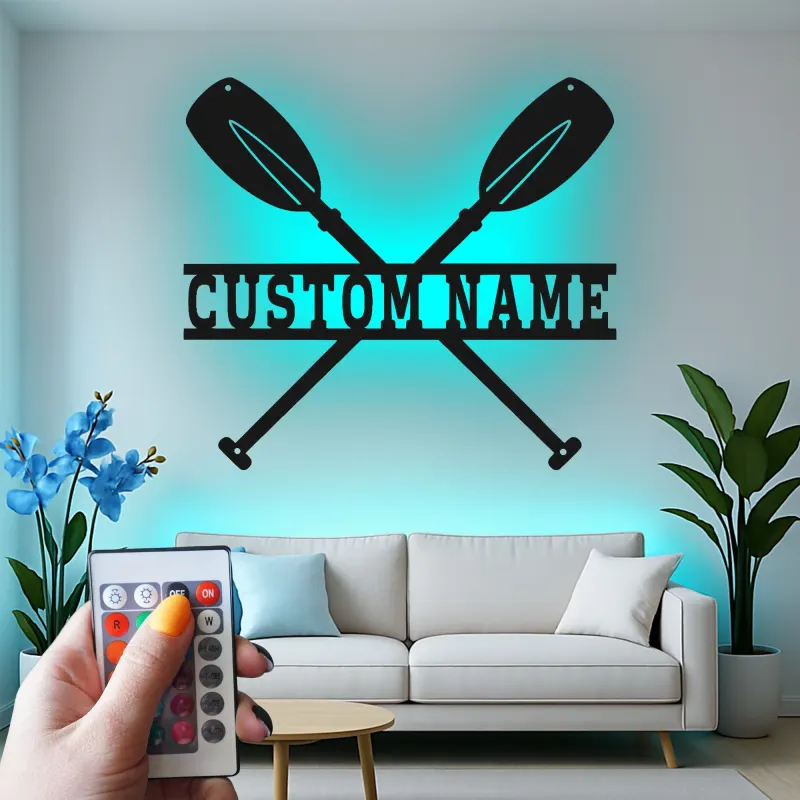 Cartel LED de remos de kayak personalizado | Decoración de casa de lago personalizada | Arte mural de remos cruzados | Regalo de aventura al aire libre