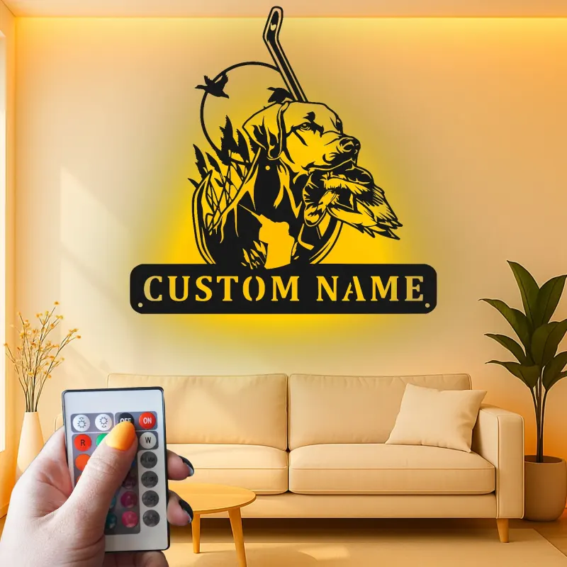 Insegna di Caccia Personalizzata Labrador | Arte da Parete in Metallo LED per Papà Cacciatore | Decorazione per Cani Anatra Personalizzata | Arte per Man Cave e Baita