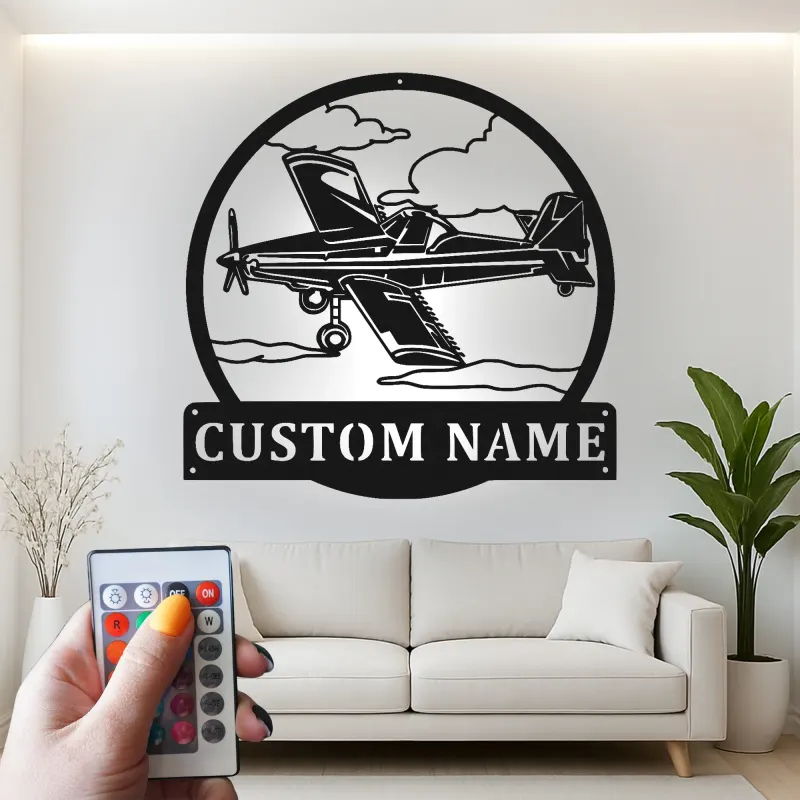 Décoration murale en métal personnalisée avec lumière LED d'avion - Cadeau d'aviation pour pilote, décoration de hangar pour passionnés d'aviation