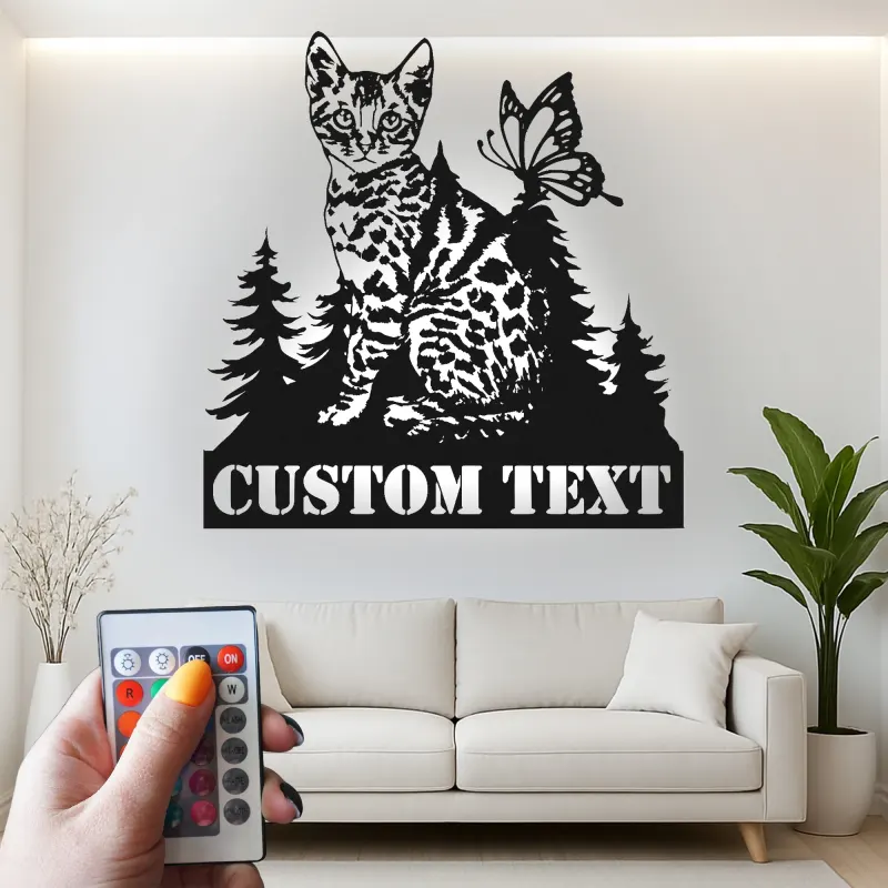 Cartel de metal personalizado con gato y mariposa y luz LED, regalo para amantes de mascotas, decoración para dormitorio o salón