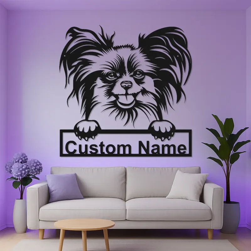 Art Murale Métal LED Chien Papillon | Panneau de Nom Personnalisé pour Animal de Compagnie | Cadeau Personnalisé pour Maman Chien | Décoration Moderne pour Salon