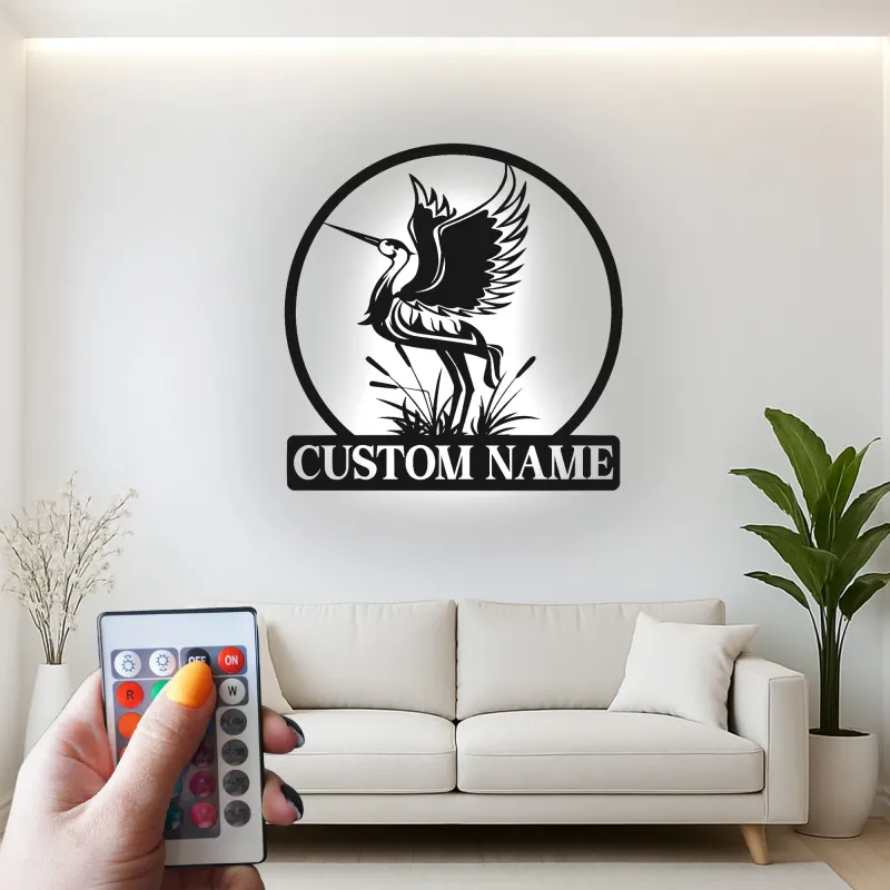 Insegna personalizzata con Airone | Arte murale in metallo LED personalizzata | Decorazione naturale per casa al lago e ufficio | Regalo per amanti della fauna selvatica