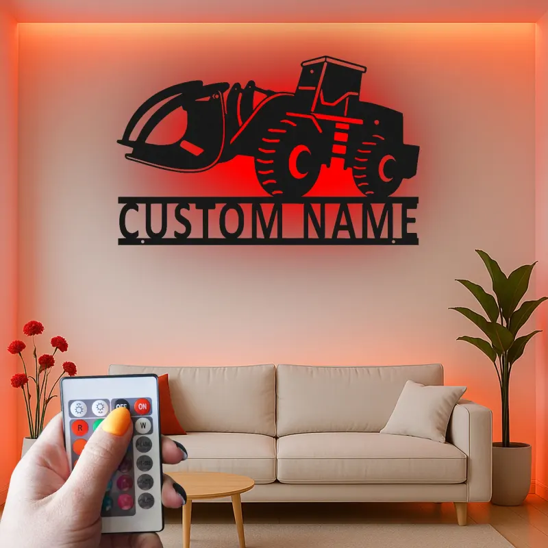 Décoration murale en métal LED personnalisée pour excavateur - Cadeau pour passionnés de construction - Décor de garage ou de bureau