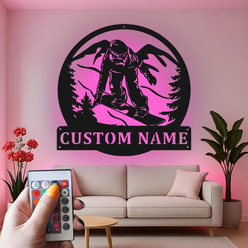 Cartel LED de snowboarder personalizado | Arte mural de metal personalizado | Decoración retroiluminada de montaña para cueva de hombres | Regalo de snowboarder