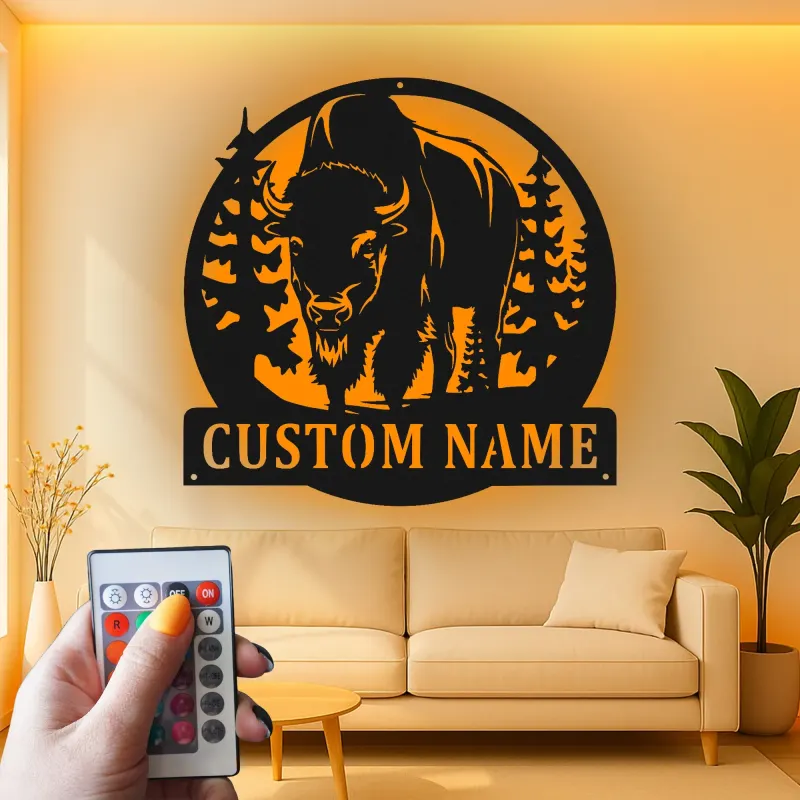 Décoration murale en métal LED personnalisée Bison Cadeau faunique pour les amoureux de la nature Décor de chalet rustique
