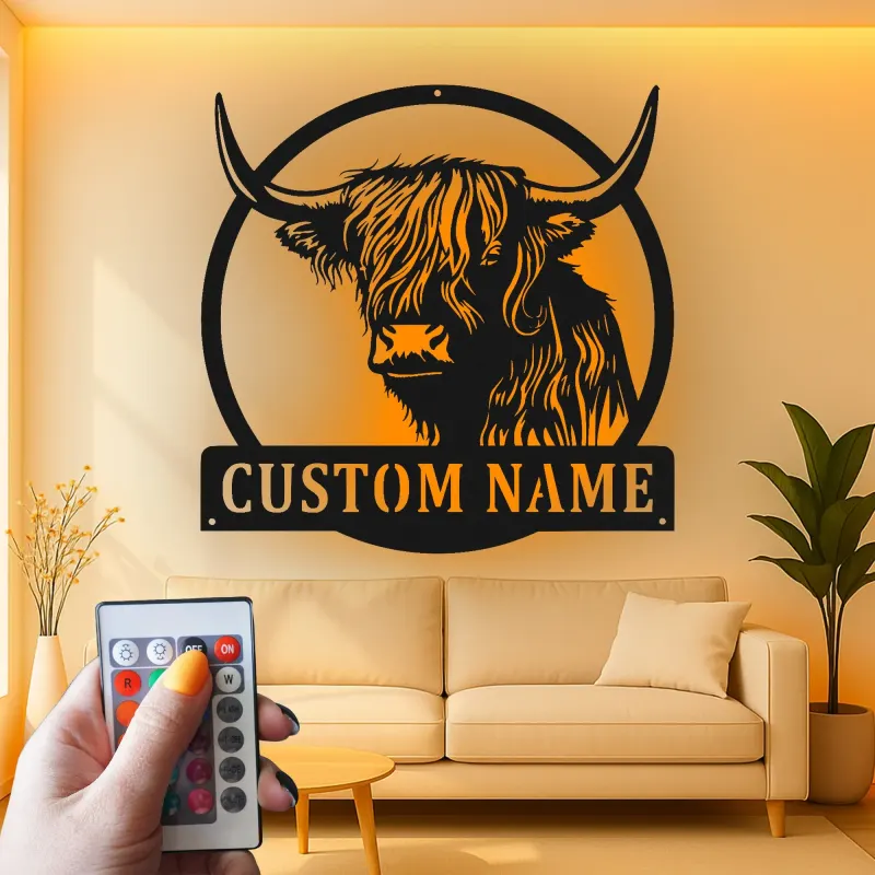 Highland Cow LED Metal Wall Art | Custom Ranch Sign | Personalized Farmhouse Decor Gift for Home & Business