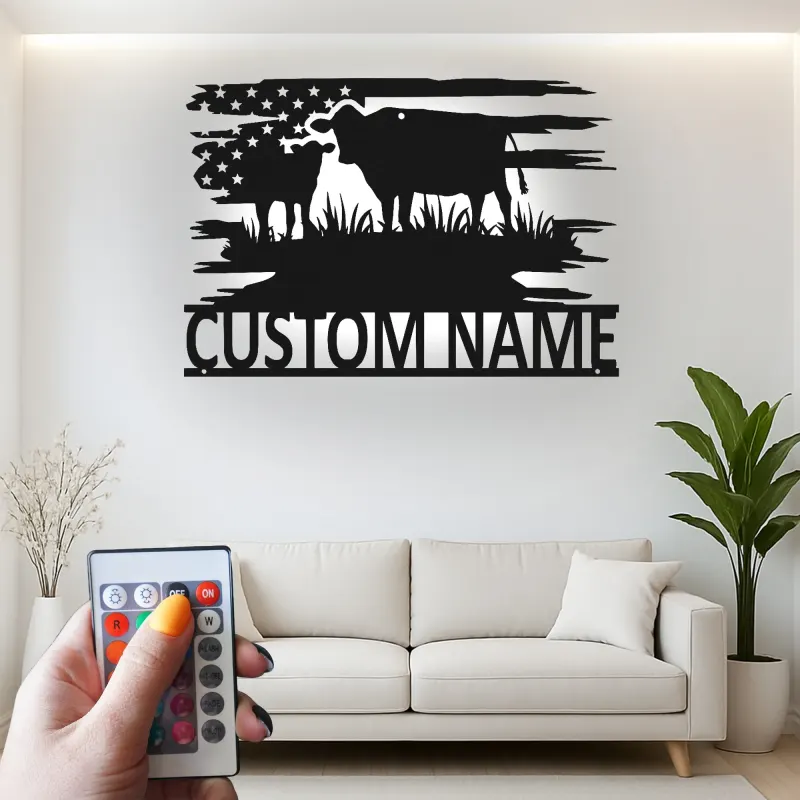 Décoration murale en métal personnalisée avec vache et veau en rétroéclairage - Cadeau pour agriculteurs - Décor de maison de campagne rustique