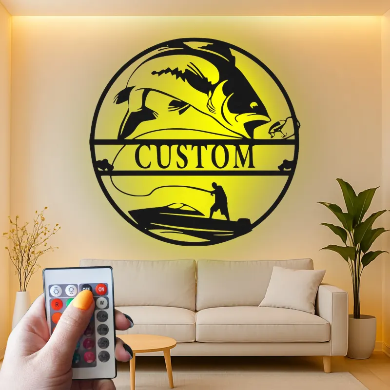 Arte murale in metallo da pesca su misura | Insegna LED personalizzata per pescatore | Arredo per casa al lago e regalo per angler