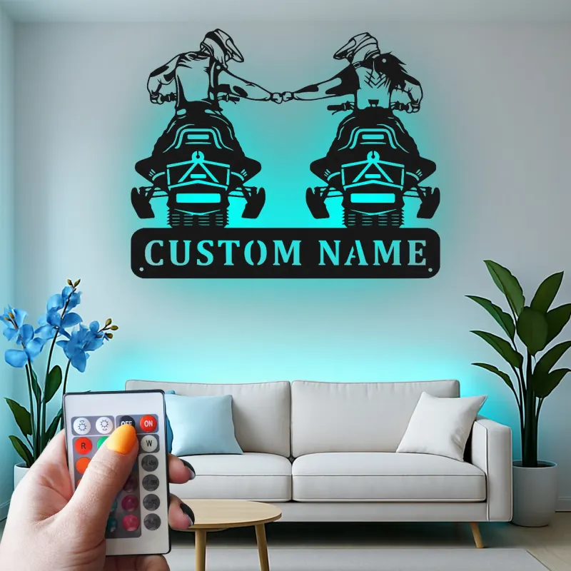 Décoration murale en métal personnalisée pour couple de motards avec rétroéclairage LED - Cadeau de motard pour couples, décoration de garage ou de man cave