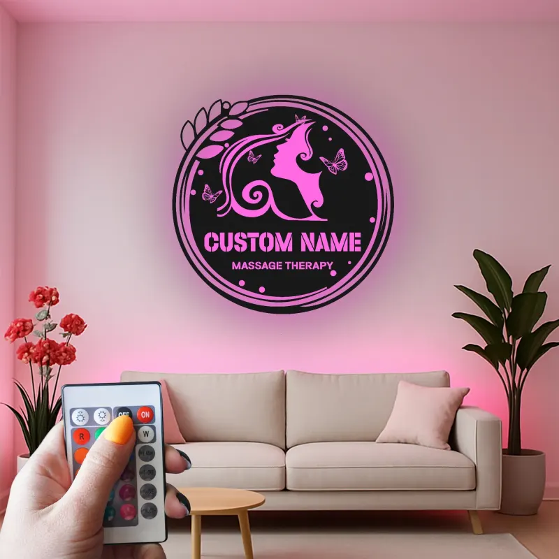 Insegna LED in metallo personalizzata | Arte murale con silhouette femminile | Logo aziendale retroilluminato per spa, centro massaggi, salone | Decorazione profilo donna farfalla