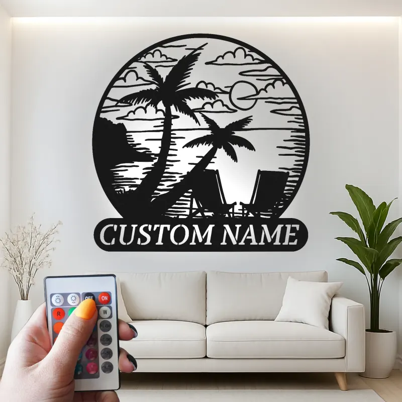 Décoration murale en métal personnalisée coucher de soleil sur la plage avec rétroéclairage LED cadeau côtier pour couples décoration de salon ou patio