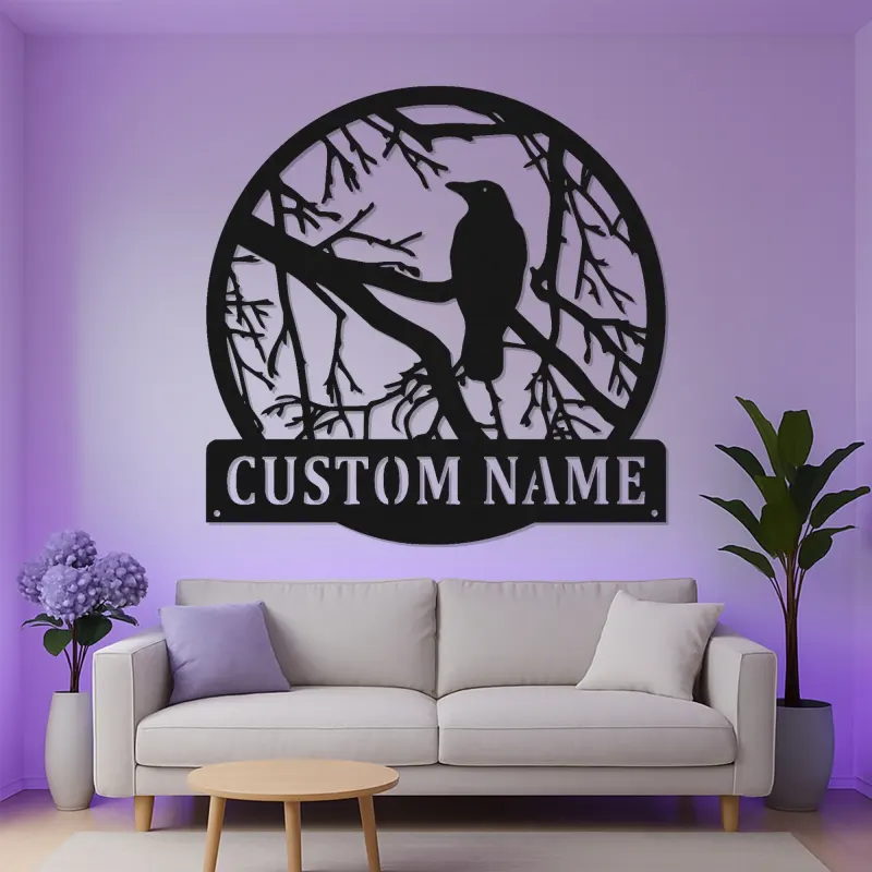 Custom Raven Metal Wall Art | Personalized LED Light Gothic Decor | Custom Name Sign for Home, Cabin or Studio