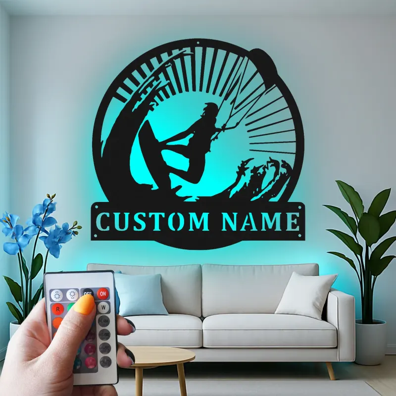 Insegna LED Personalizzata per Kiteboarding | Arte in Metallo per Kitesurfer | Regalo per Fan degli Sport Acquatici | Decorazione per Casa al Mare e Man Cave