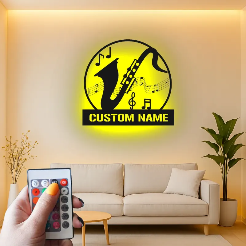 Panneau LED Saxophone Personnalisé | Décoration Murale en Métal Personnalisée | Cadeau pour Musicien de Jazz, Décor de Salle de Musique, Boîte Lumineuse de Studio