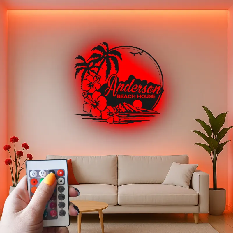 Insegna in metallo personalizzata con luce LED per casa al mare - Regalo personalizzato per ritiri costieri e decorazione tropicale