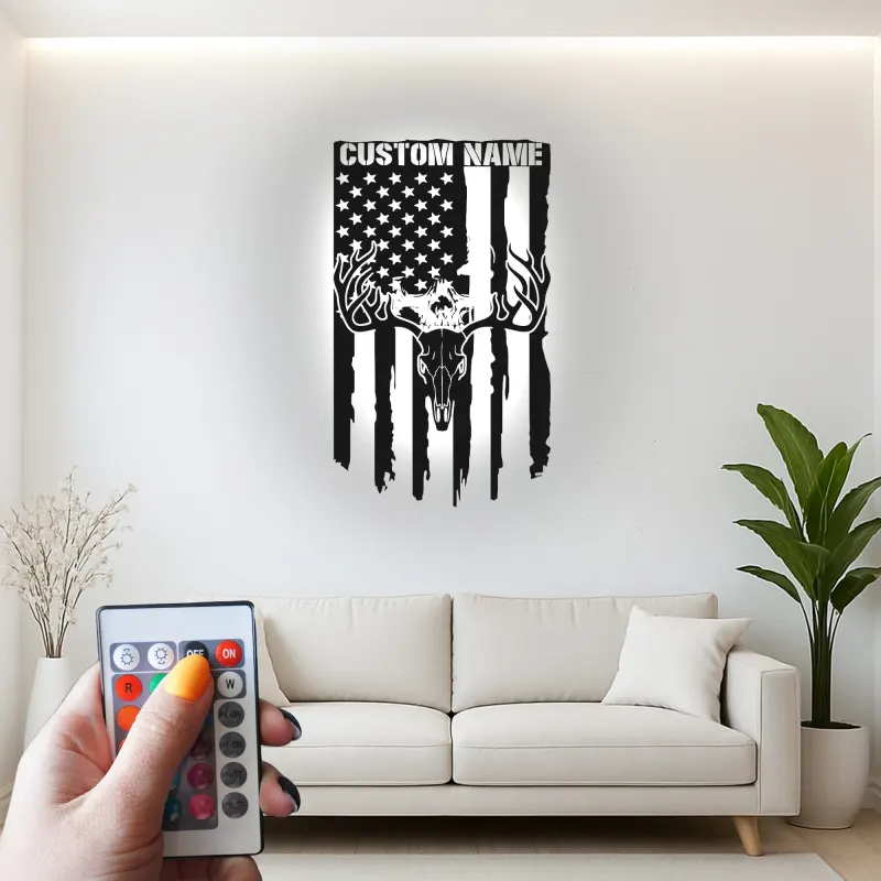 Cartel de metal personalizado con calavera de ciervo y bandera americana, regalo único para cazadores, decoración rústica para cabañas o man cave