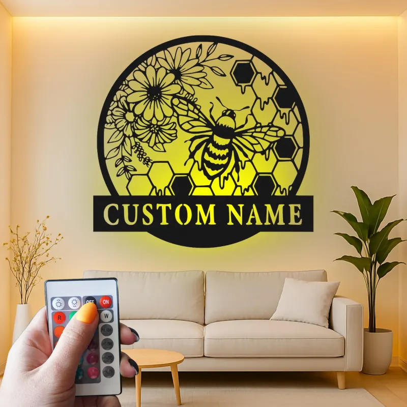 Personalisierte Bienen und Blumen LED Licht Metall-Wandkunst Geschenk für Naturliebhaber Gartenraum Dekor