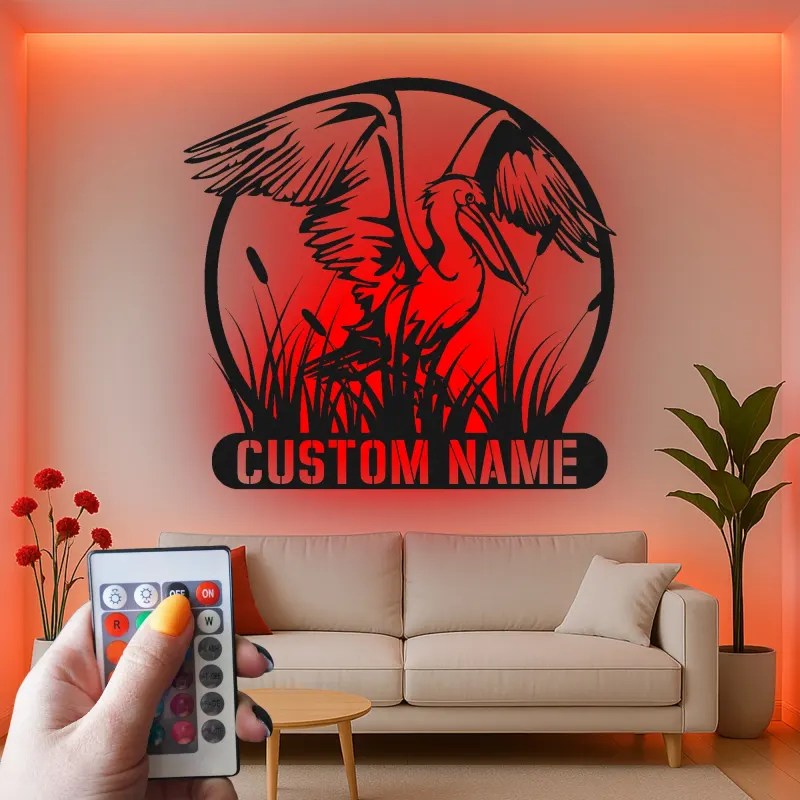 Insegna in Metallo Pellicano Personalizzata | Arte Murale LED Costiera per la Casa | Regalo per Amanti degli Uccelli | Decorazione per Casa al Mare