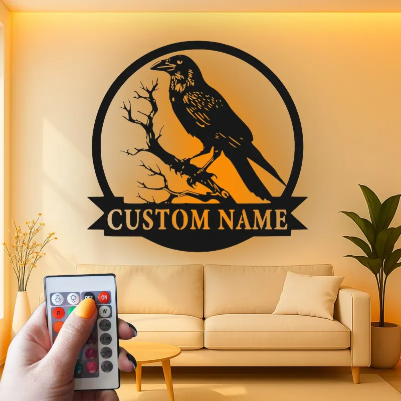 Décoration murale en métal LED Raven | Enseigne gothique personnalisée | Décor de corbeau personnalisé pour bureau et maison