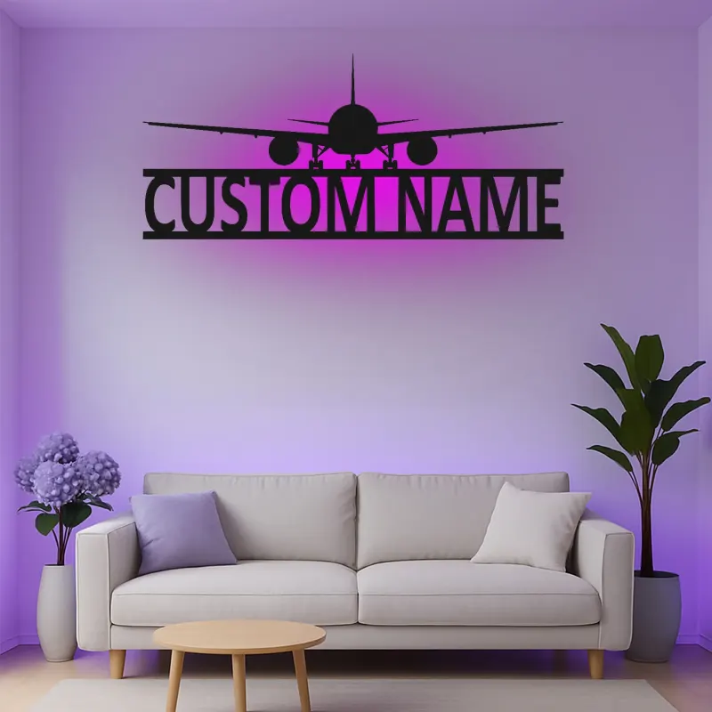 Décoration murale en métal personnalisée avec lumière LED d'avion - Cadeau d'aviation pour pilotes, décoration de hangar ou de bureau