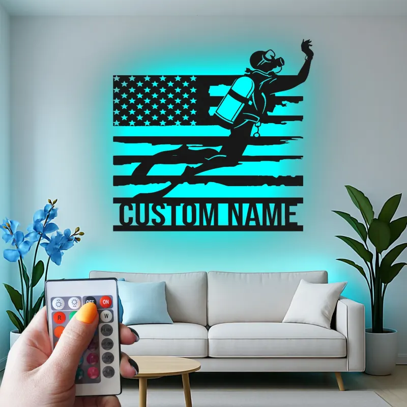 Scuba Diver American Flag LED Art | Personalized Metal Wall Decor | Custom Name Sign for Divers | Nautical Gift