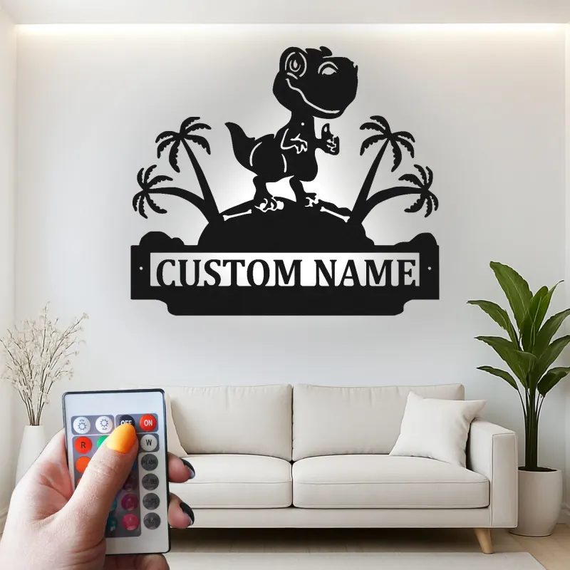Cartel de metal LED de dinosaurio personalizado para regalo de habitación infantil, decoración de guardería con diseño de T-Rex