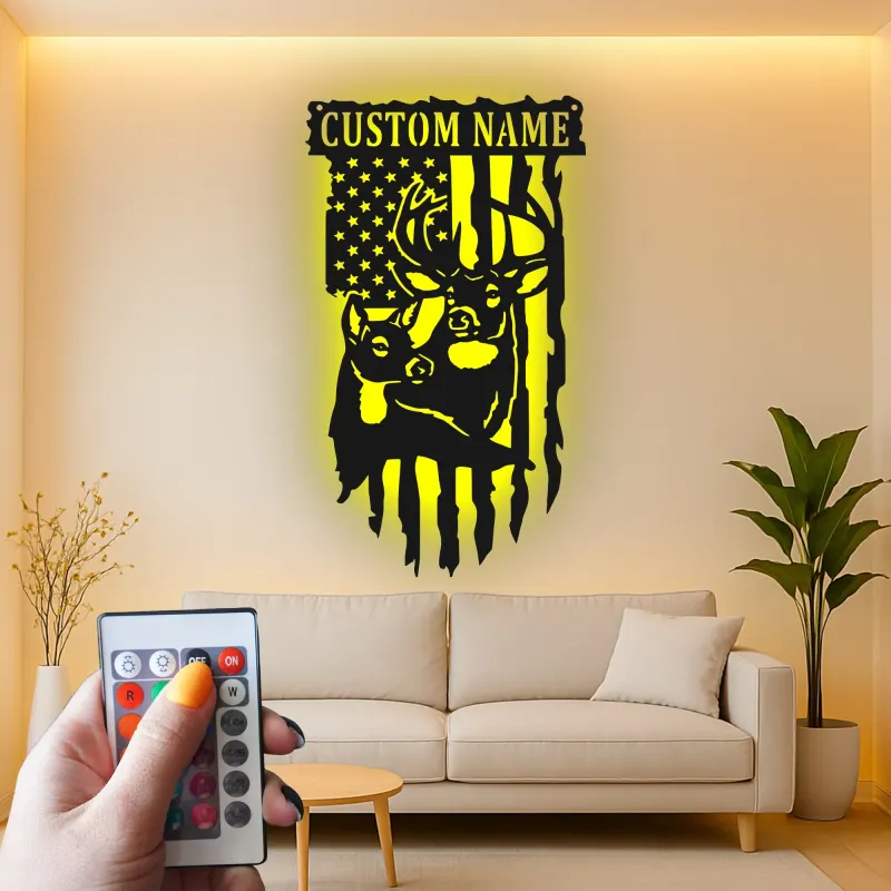 Custom Deer and American Flag Led Light Metal Wall Art Personalized Gift for Hunters Rustic Cabin Decor 1
