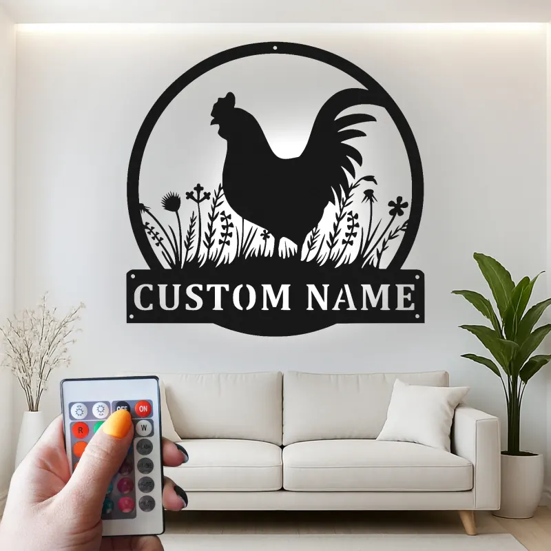 Insegna in metallo con gallo personalizzata con LED | Arte murale personalizzata per fattoria | Decorazione rustica per cucina e pollaio | Regalo per amanti dei polli