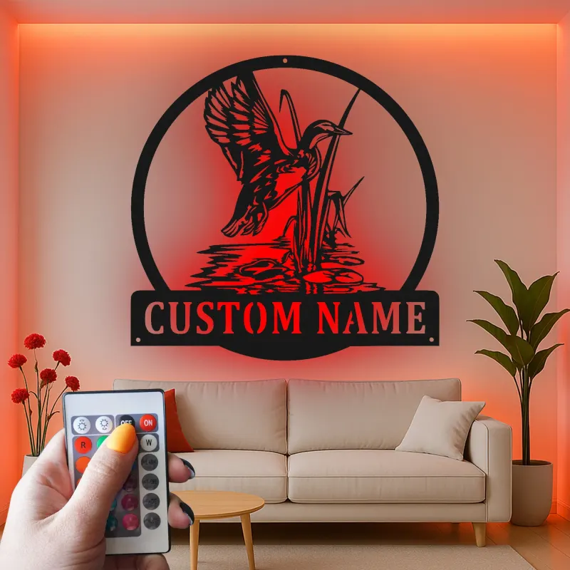 Personalisierte LED-Metall-Wandkunst mit Entenjagd-Motiv – Geschenk für Jäger, rustikale Hüttendeko