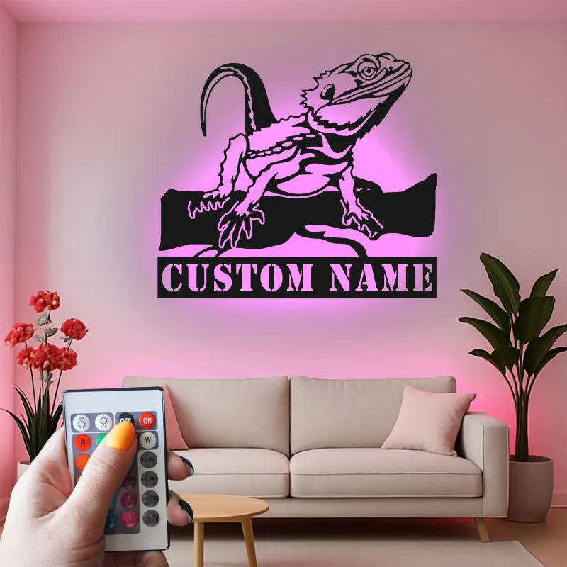 Insegna in metallo personalizzata con drago barbuto e luce LED regalo per amanti dei rettili decorazione per camera da letto o soggiorno