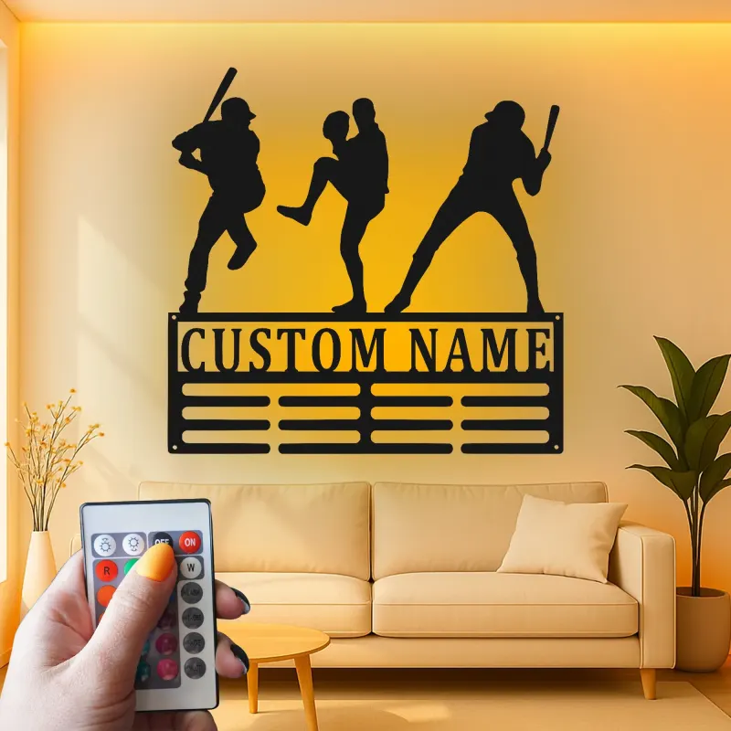 Décoration murale en métal personnalisée avec rétroéclairage LED pour joueur de baseball - Cadeau personnalisé pour les fans de sport