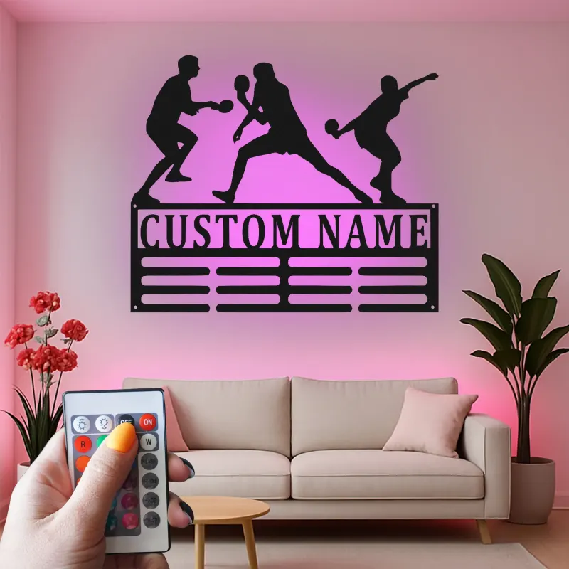 Supporto per medaglie da tennis da tavolo personalizzato | Arte murale in metallo LED Ping Pong | Insegna di esposizione personalizzata | Decorazione per sala giochi e regalo per giocatori