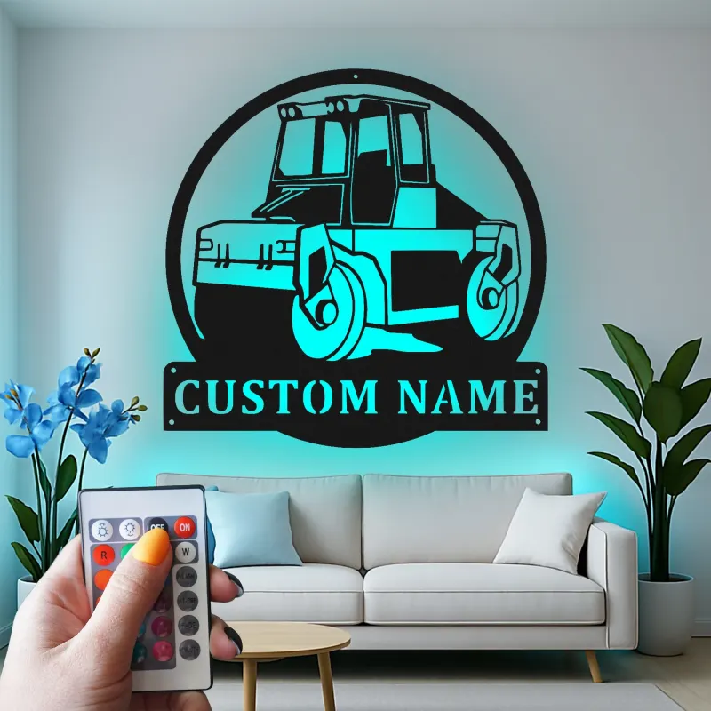 Señal LED de rodillo de carretera | Arte de vehículo de construcción personalizado | Decoración de equipo pesado personalizada para regalo de operador o man cave