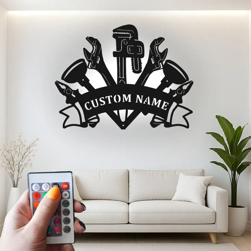 Panneau Métallique Outils de Plombier Personnalisé | Art Murale LED Personnalisée pour Atelier & Bureau | Cadeau pour Professionnel de la Plomberie