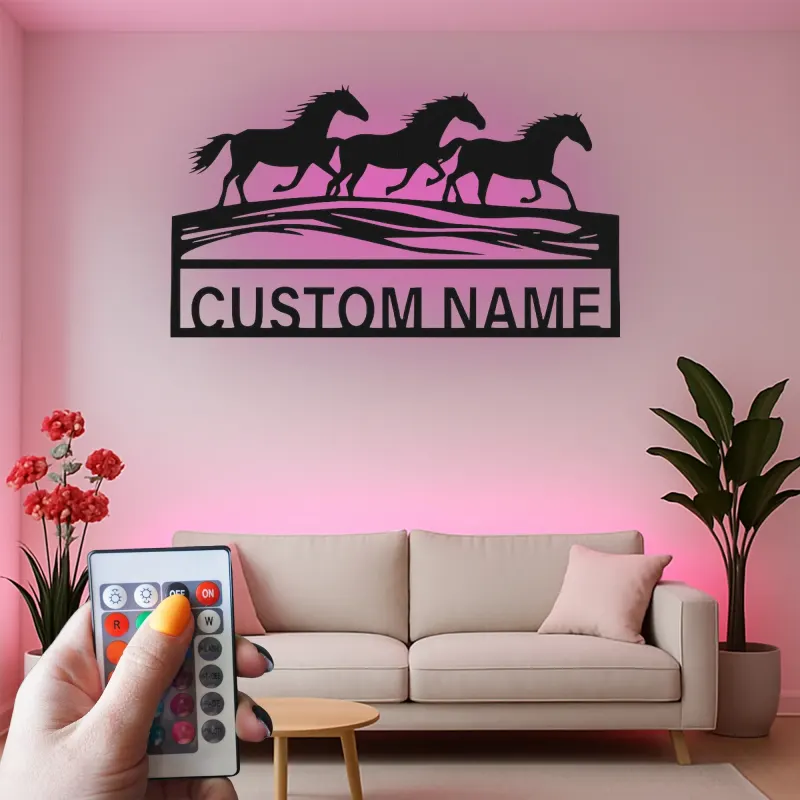 Running Horses Metal Wall Art | Custom LED Name Sign | Personalized Farmhouse & Ranch Decor for Horse Lovers