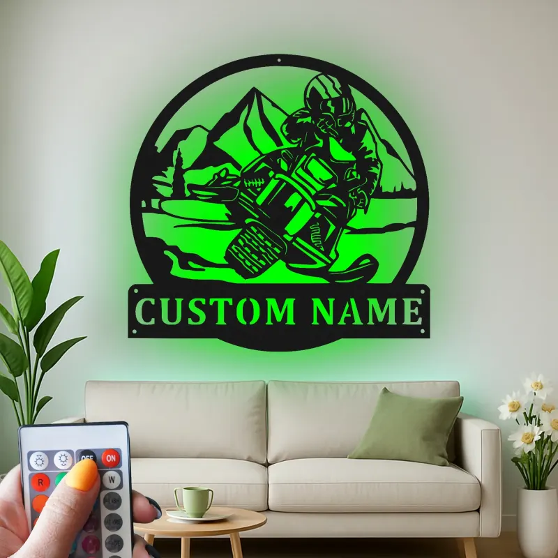 Cartel LED de piloto de moto de nieve personalizado | Arte mural de metal personalizado | Regalo de aventura en montaña para amantes de la moto de nieve