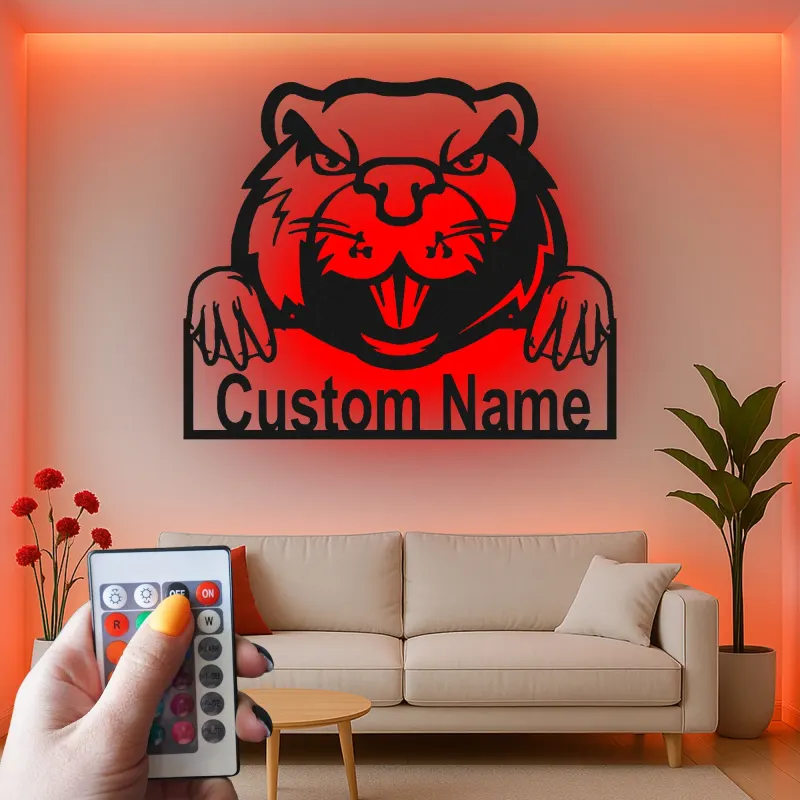 Insegna in metallo LED personalizzata con castoro - Regalo unico per amanti degli animali, decorazione per ufficio o sala giochi