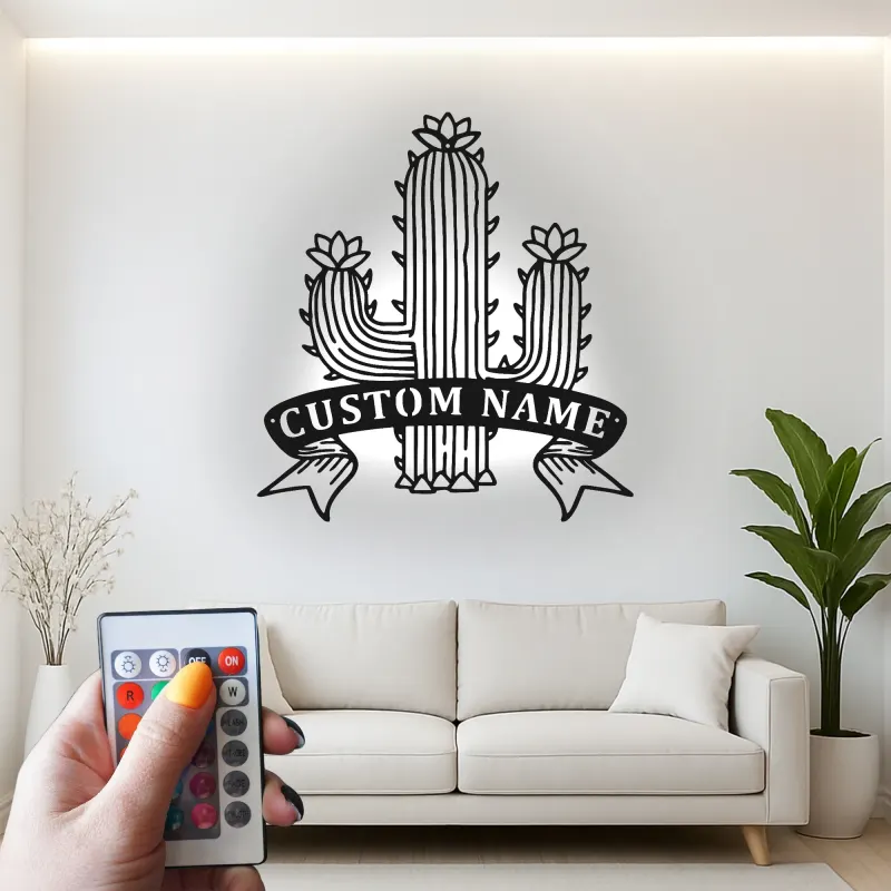 Insegna in metallo personalizzata con cactus e luce LED, regalo per amanti delle piante, decorazione per la casa in stile sud-ovest
