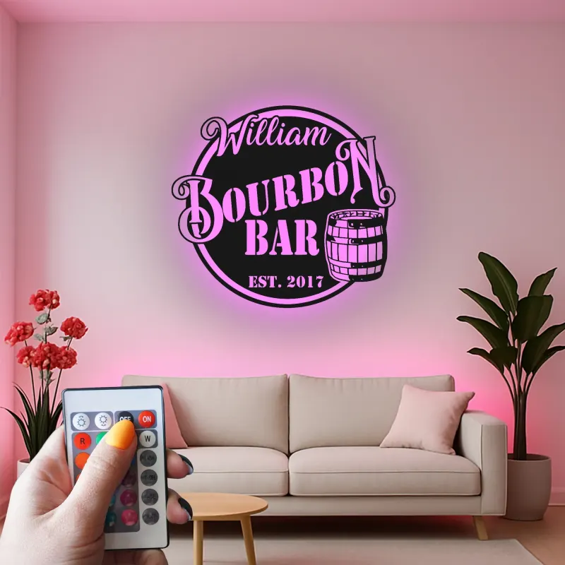 Custom Bourbon Bar Led Light Metal Wall Art Personalized Gift for Home Bar Man Cave Decor