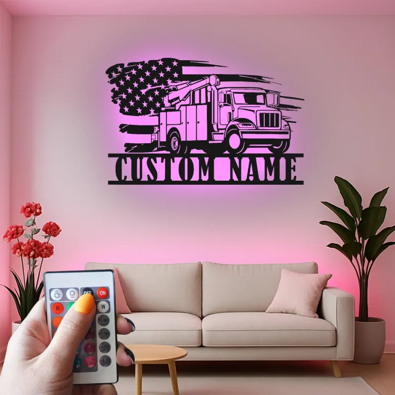 Lineman LED Metal Sign | Personalized Utility Truck Wall Art | American Flag Garage Decor | Custom Gift for Electrician