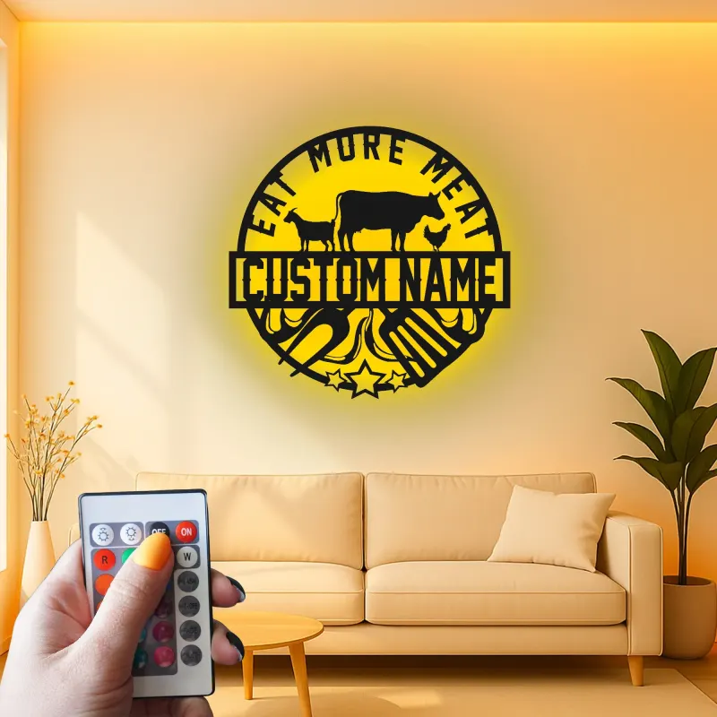 Custom Eat More Meat Led Light Metal Wall Art BBQ Lover Gift Outdoor Kitchen or Grill Area Decor