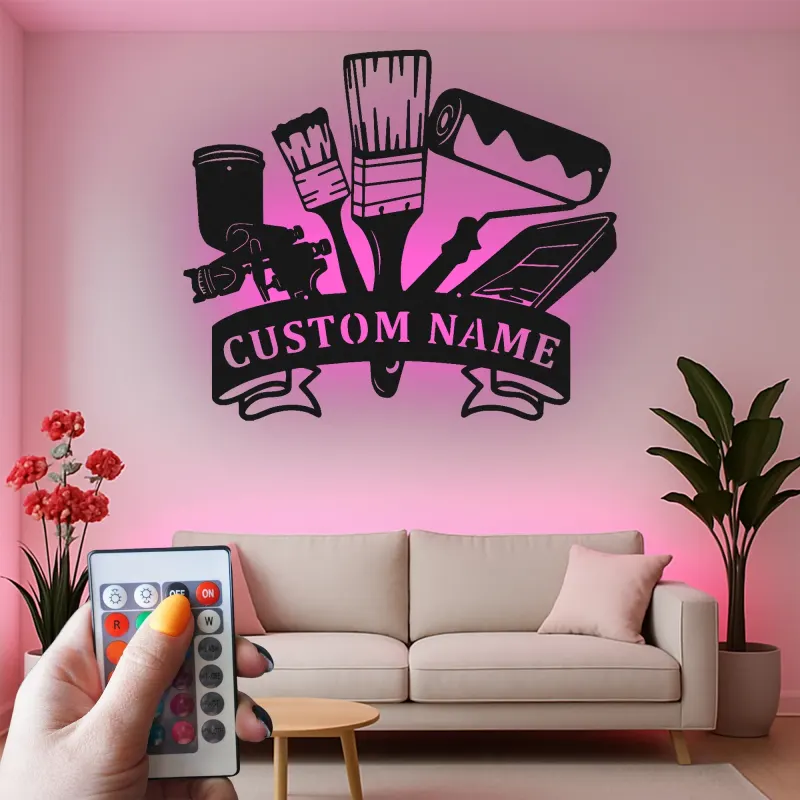 Personalized Painter Tools Sign | LED Metal Wall Art for Paint Shop | Custom Name Decor for Painting Contractor Gift