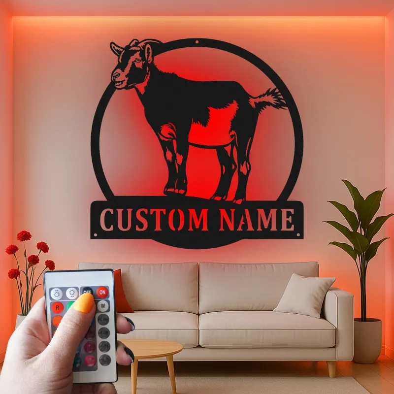 Insegna LED personalizzata con capra | Arte murale in metallo personalizzata per farmhouse e fienile | Regalo per rancher