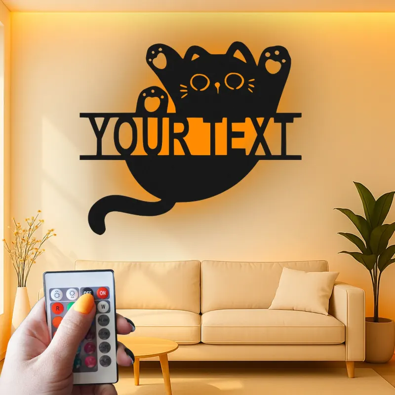 Insegna in metallo personalizzata con silhouette di gatto e luce LED regalo per amanti dei gatti decorazione per camera da letto o soggiorno 3