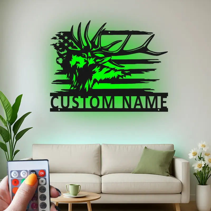 Custom Elk American Flag Led Light Metal Wall Art Personalized Gift for Hunters Rustic Cabin Decor