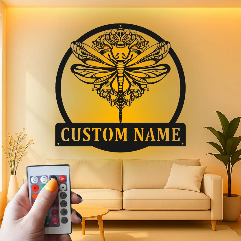 Cartel de metal personalizado con luz LED de libélula, regalo para amantes de la naturaleza, decoración para dormitorio o salón 1