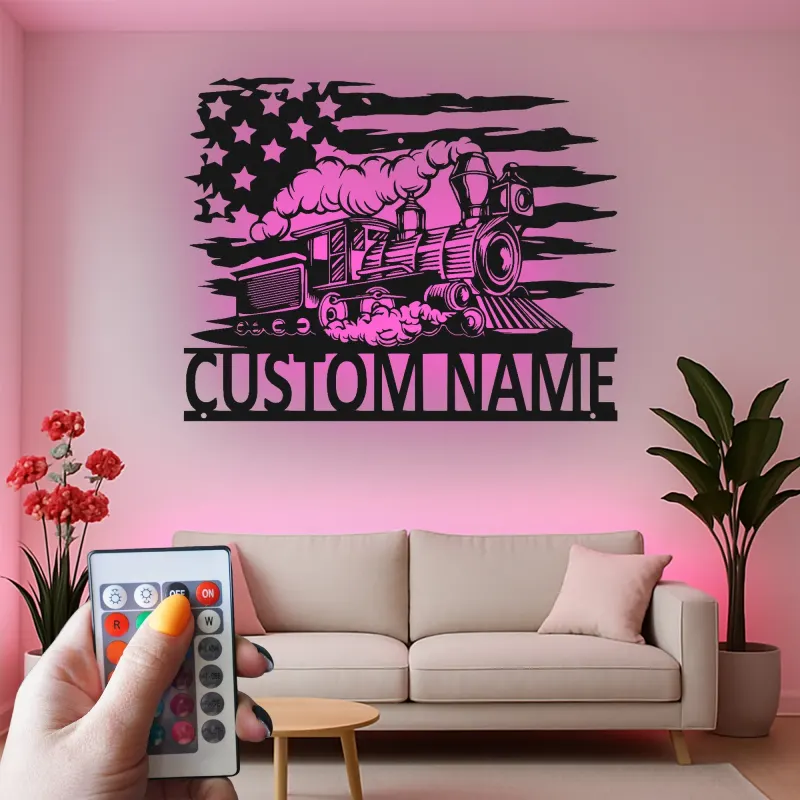 Décoration murale en métal personnalisée avec locomotive de train en rétroéclairage - Cadeau pour passionnés de trains - Décor de man cave