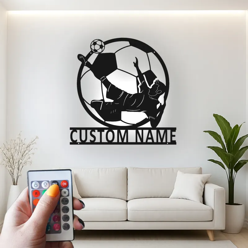 Panneau Métallique de Joueur de Soccer Personnalisé | Décoration Murale LED de Nom pour Chambre de Garçon | Silhouette de Coup de Pied de Bicyclette | Cadeau pour Athlète
