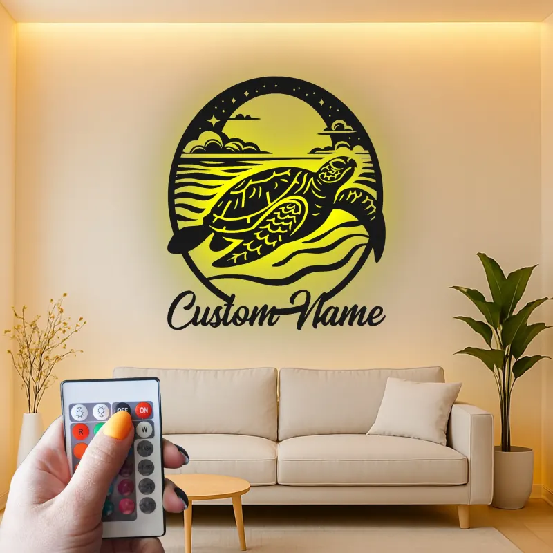 Art Murale en Métal Tortue de Mer LED | Panneau de Nom Personnalisé | Décor Nautique de Plage | Silhouette de Faune Marine sur Mesure