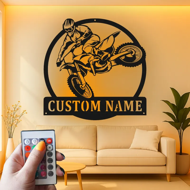 Insegna in Metallo Motocross | Arte da Parete LED Personalizzata per Moto da Cross | Nome Personalizzato per Garage o Camera da Letto di Adolescenti